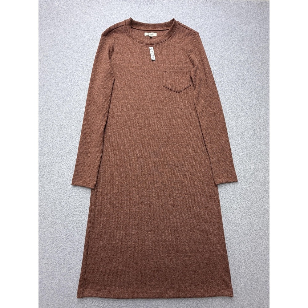 Madewell Sweater Dress Womens Medium Brown Ribbed Knit Long Sleeve Midi Pocket